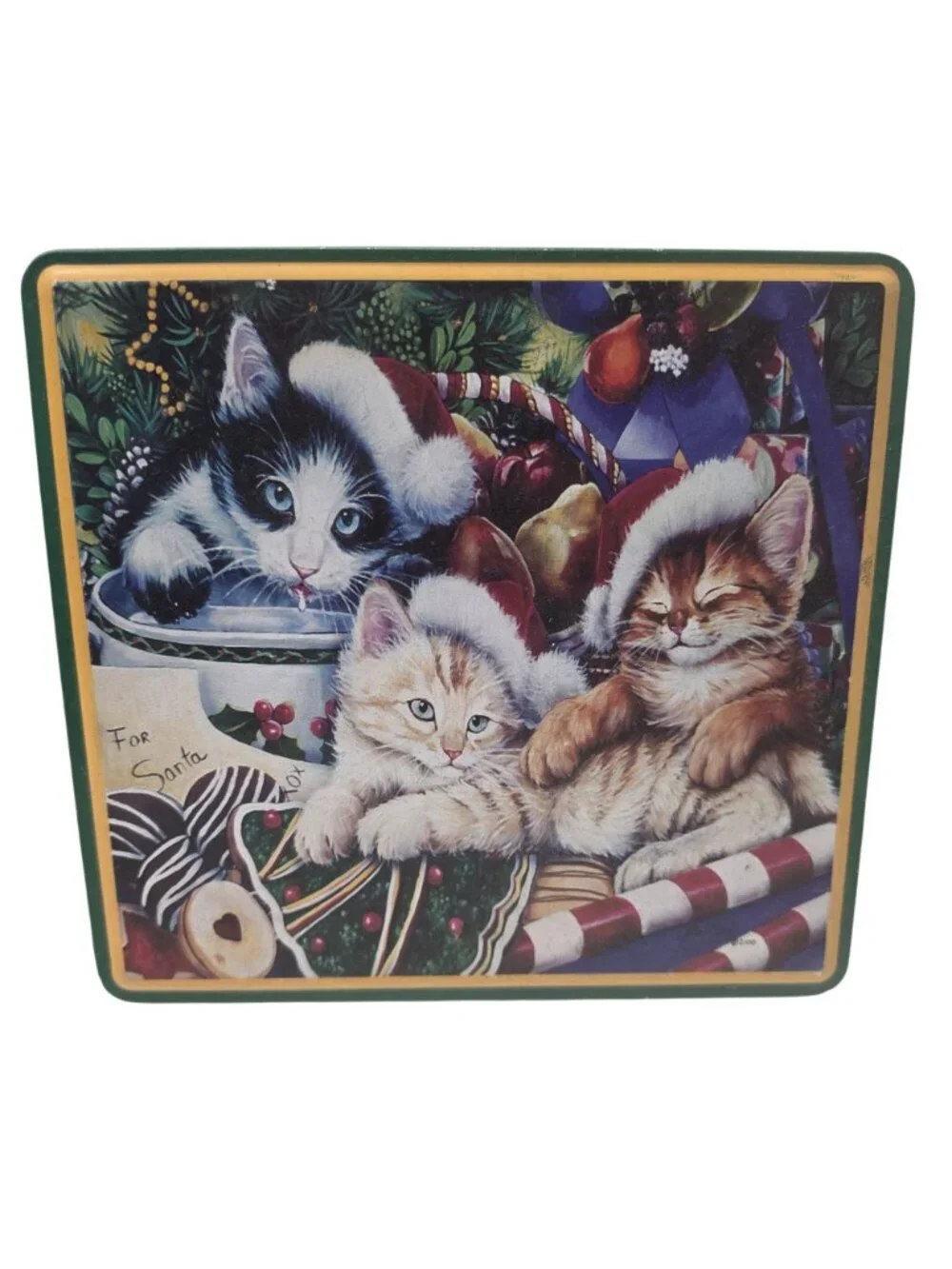 Christmas Cat Decor Lot of 5 Wooden Figurines Tree & Metal Tin Holiday